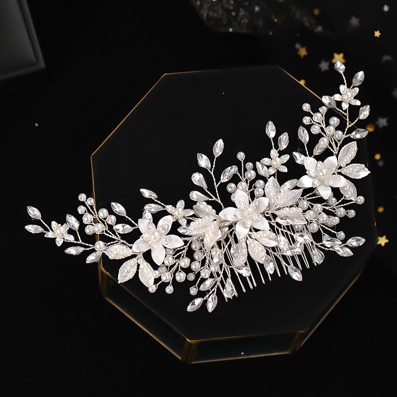 Bride Silver Flower Comb Handmade Pearl Hairpin Bride