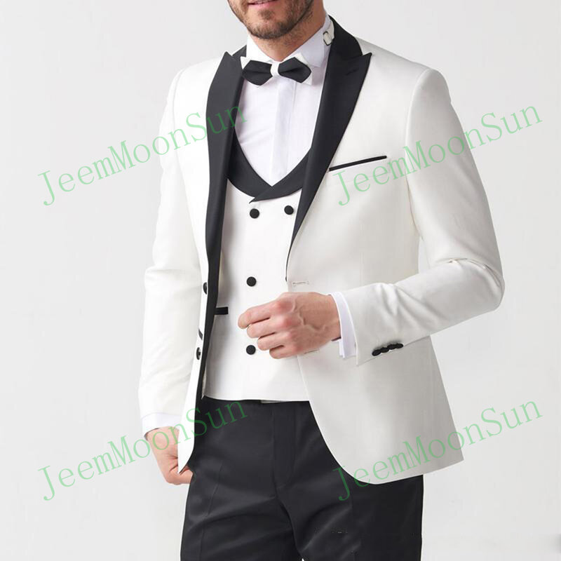 Ivory Wedding Suits Peak Lapel Groom Tuxedos 3 Pieces Men Suit Set Man Formal Business Suit (Blazer+Pants+Vest) Trajes De Hombre