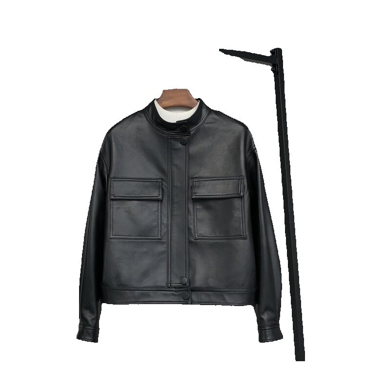 Spring Genuine Leather Jacket Women's Short Standing Collar Genuine Leather Sheep Leather Jacket Fashion Bag Jacket