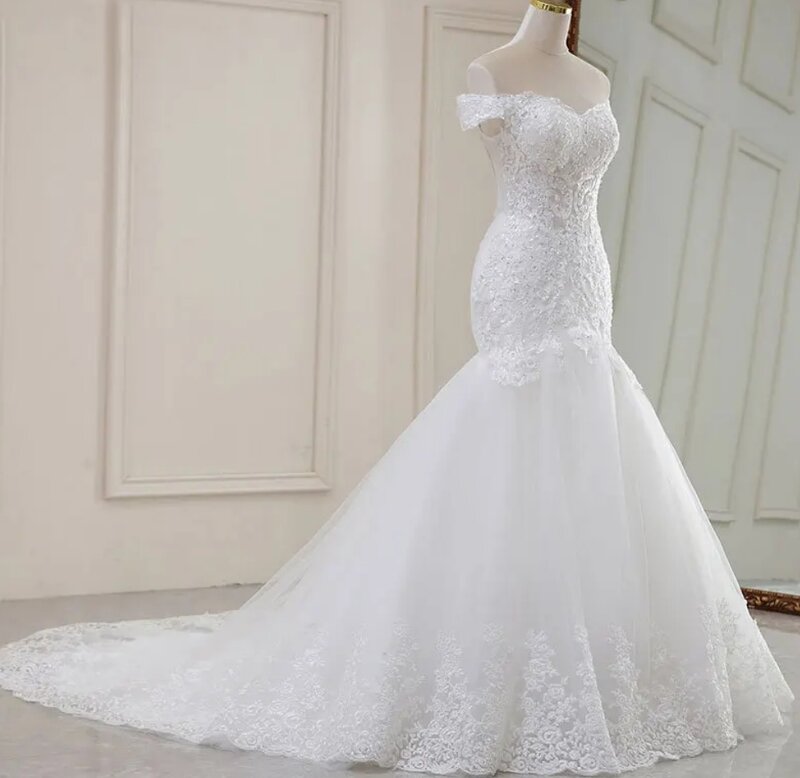 Elegant white bridal gown camisole applique crystal tulle lace floor-length mermaid wedding dress Sweep Train trouw jurken dames