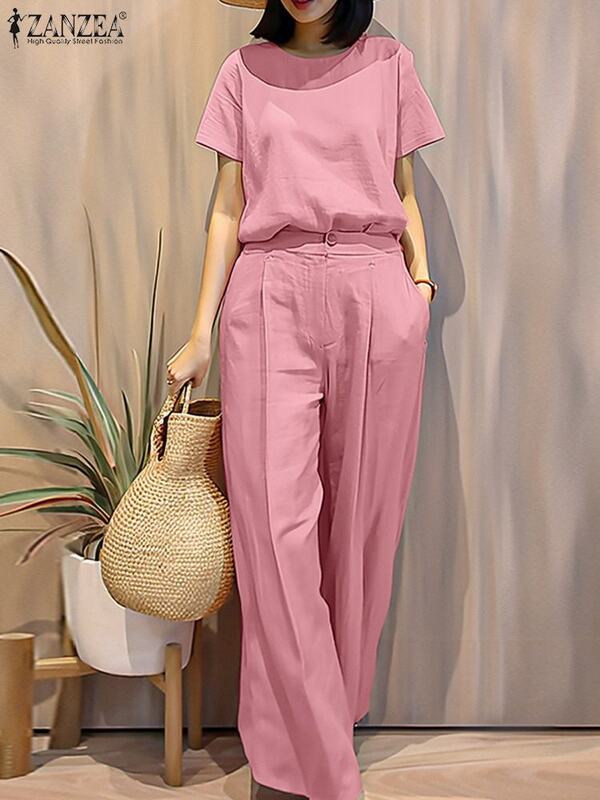 ZANZEA Casual Summer 2pcs Pant Sets Women Holiday Leisure Short Sleeve Tops Wide Leg Trouser Outfit 2024 Fashion Solid Tracksuit