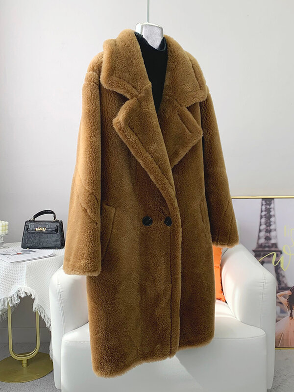 AYUNSUE High Street Sheep Shearing Jacket Women 2023 Winter 100% Wool Coat Fur Coats Jackets Mid-length Overcoat Abrigo Mujer