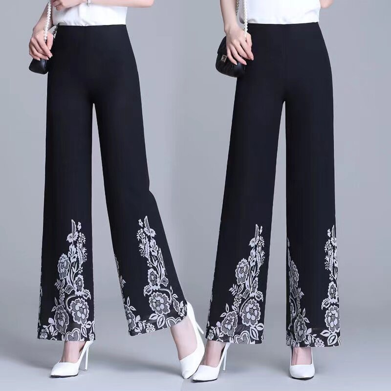 Double Layer Printed Chiffon Wide Leg Pants For Women SummerNew High Waisted Loose Dance Swing Pants Drooping Skirt Female Pants