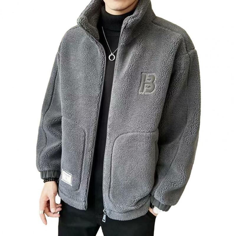 Men Jacket Lapel Collar Cozy Velvet-lined Thickened with Side Pocket Full Zipper Closure All Match Streetwear Clothes