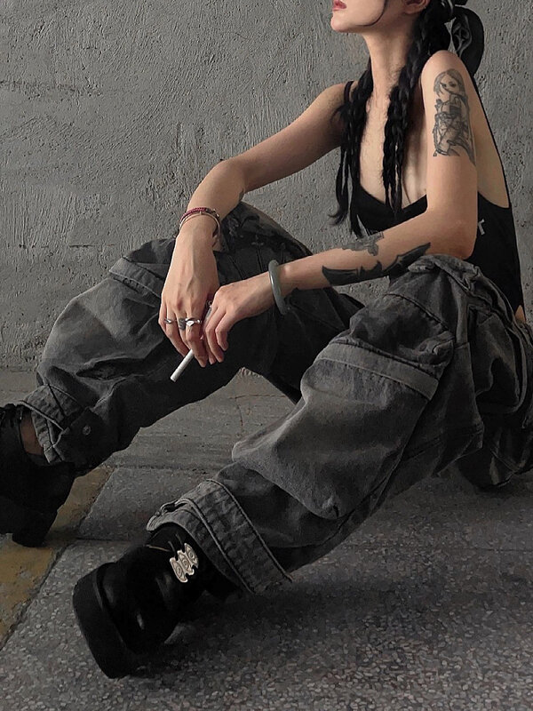 Celana kargo wanita Baggy Y2K Goth Cyber Punk celana Jeans ibu Grunge gelap Academia Harajuku mode Jin tumpuk Hip-pop