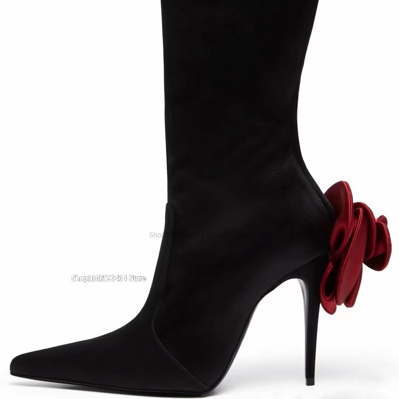 핑크 로즈 장식 블랙 포인티드 토 부츠, 미드 카프 백 지퍼, 여성용 신발, 얇은 하이힐, 섹시한 2023 패션