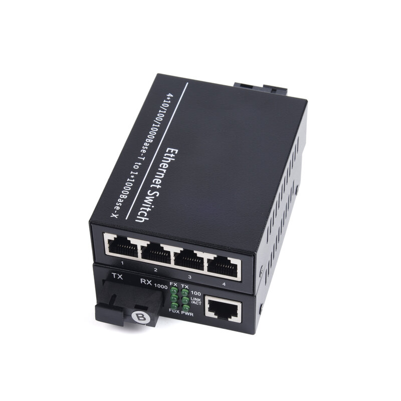 1 paio di convertitore multimediale ottico in fibra Gigabit 10/100/1000Mbps Single Mode da 1 fibra a 4 RJ45 UPC/APC SC-Port US Power