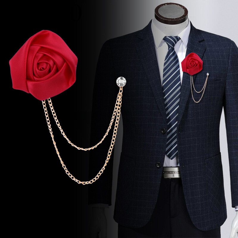Fashion Gentleman Tassel Brooch For Men Suit Chain Lapel Pin Fake Rhinestone Wedding Accessories Silk Rose Flower Boutonniere
