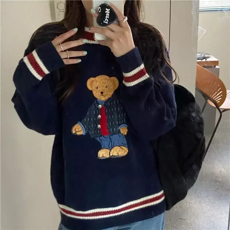 Осенне-зимний теплый свитер, пуловер, милые толстовки в Корейском стиле Харадзюку с изображением медведя, кавайная свободная толстовка, Японская уличная верхняя одежда, топы
