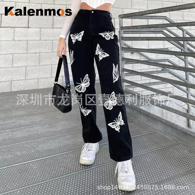 Jeans Women Denim Pants Mid Waist Straight Pants Pockets Loose Fit Casual Trousers 2024 Ankle Length Print Vintage Spliced
