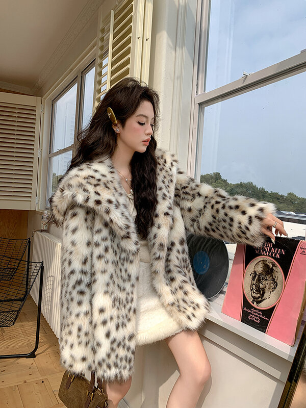 Manteau de fourrure imprimé léopard mi-long pour femme, revers imprimé renard, épaissi, chaud, mode, hiver, automne