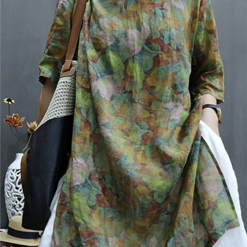 Retro Stand Collar Cotton and Linen Shirt Skirt Women's Loose Casual Ethnic Style Mid-Length Printed Top