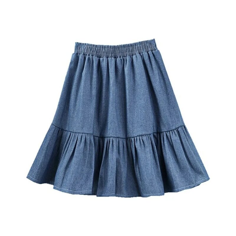 Rok Denim Mini A-line untuk wanita, rok pendek musim panas, rok Mini Hem besar pinggang tinggi, rok perca dengan kerut elastis