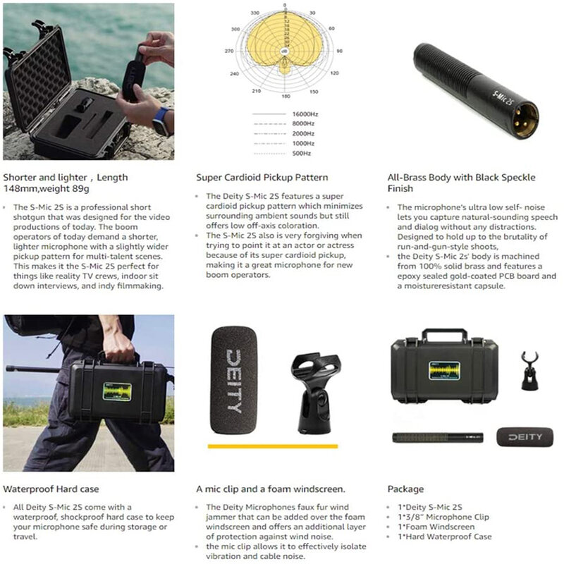 Aputure Deity-Microphone à condensateur S-Mic 2S, cardioïde souriant, étanche, fusil de chasse, micro portable à faible bruit pour appareil photo, film vidéo