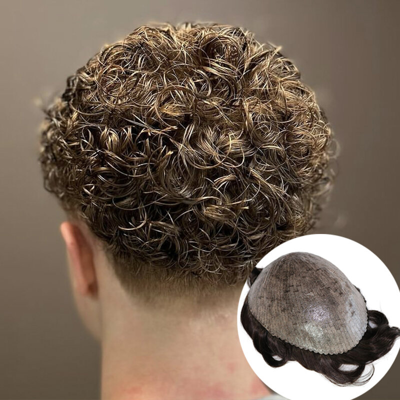 Brown Color Human 15mm Curly Men Toupee Durable Thin Skin Full Pu Base Male Human Hair Prosthesis System Natural Hairline