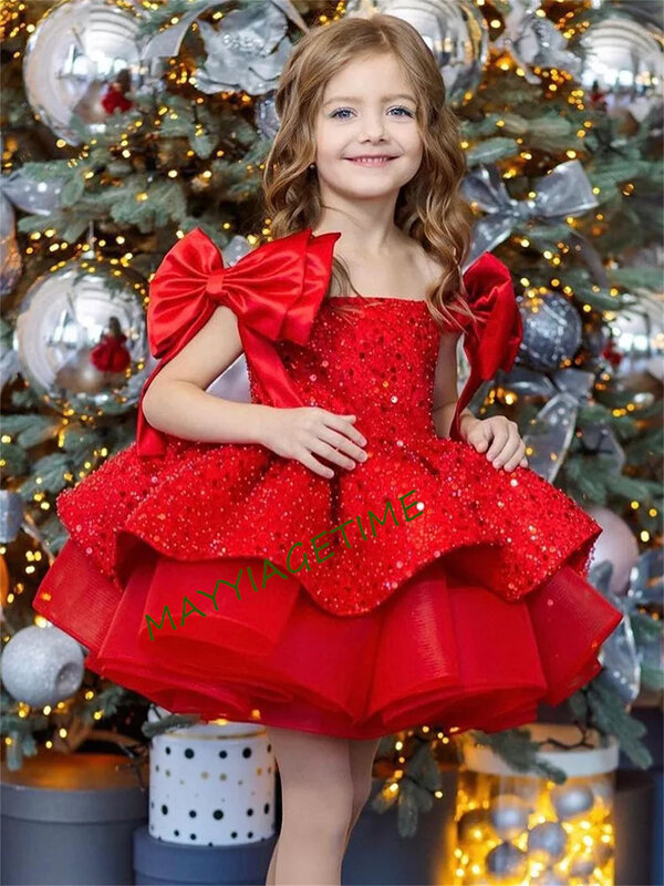 Glitter Red Girl Dress Bow Off The Shoulder Puffy Princess Dresses Cute Baby Girl Birthday Dress Children Gowns