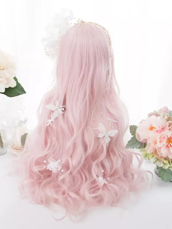 26Inch Peach Pink Color Synthetic Wigs With Bang Long Natural Wavy Hair Wig for Women Daily Use Cosplay Daily Use Heat Resistant
