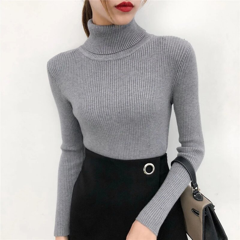 Женская одежда осень-зима свитер с высоким воротником Новинка 2023 черный вязаный Топ Модный Универсальный облегающий низ для женщин пуловер