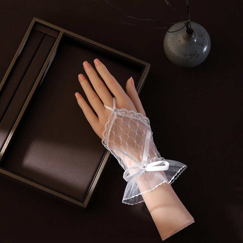 Кружевные сетчатые белые короткие перчатки с пальцами, свадебное платье, Фото аксессуары, перчатки для невесты