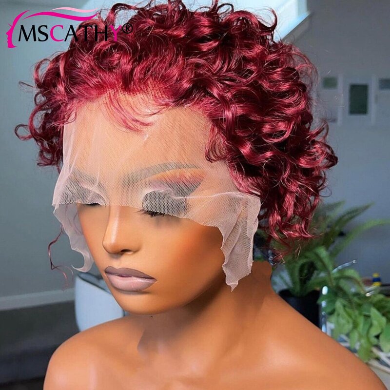 1B Colored Brazilian Remy Human Hair Wigs Short Bob Pixie Cut Women Wig 13x1 Transparent Lace Deep Curly Bob 99J Honey Blonde