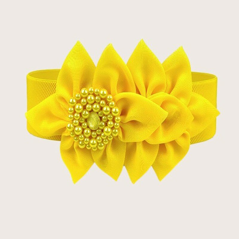 Żółty granatowy elastyczny pas kobiet koreański styl duży kwiat dekoracyjny modne pasujące do szerokiej talii akcesoria do sukni