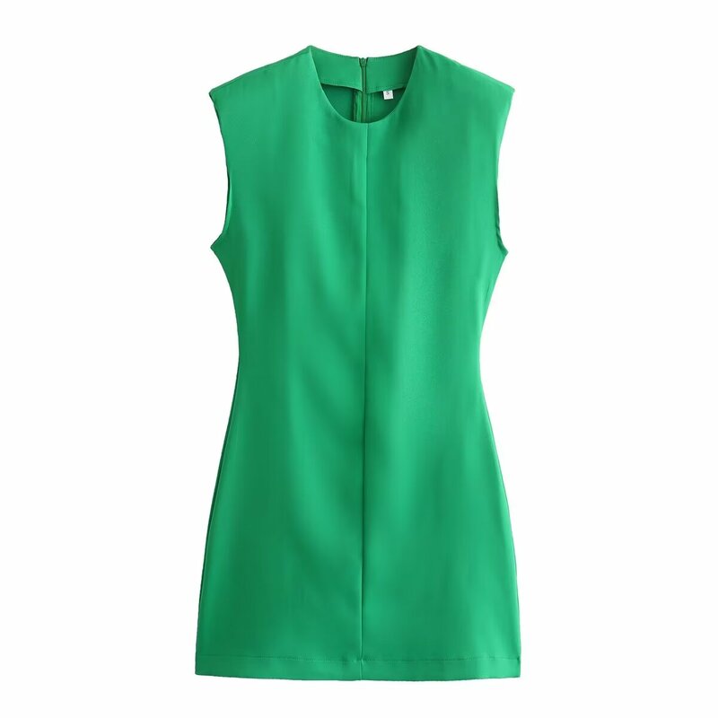 TRAFZA 2024 여성 캐주얼 솔리드 드레스, 플리츠 민소매 짧은 드레스, 패딩 숄더 슬림 스커트, 패션 여성 드레스, 여름