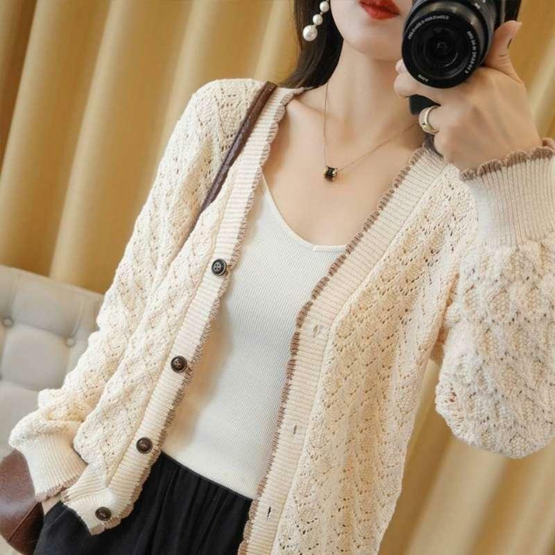 2024 Spring and Summer New All-match Knitted Cardigan Jacket Thin Hollow Loose plus size Stylish Solid Color Women
