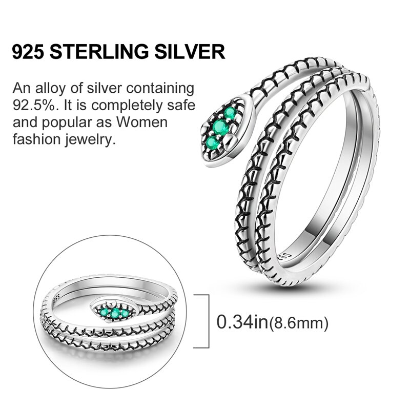 Retro 925 Sterling Silver Green Zirconium Retro Snake& Pterosaur&Spliced Colorful Treasure Ring Ladies Gift Jewelry