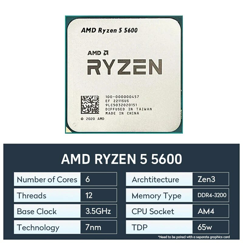 AMD Ryzen 5 5600 6-Core 12-Thread 3.5GHz DDR4 3200 65W AM4 Socket processore Desktop CPU senza dispositivo di raffreddamento