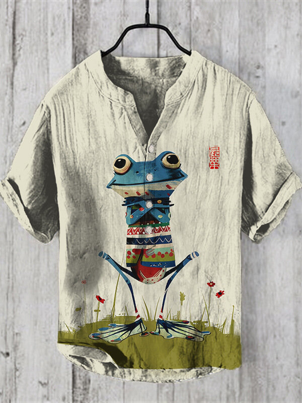 Camisa de dragón de transferencia de calor digital 3D para hombre, cuello levantado cruzado, imagen de paisaje, camisa de manga corta