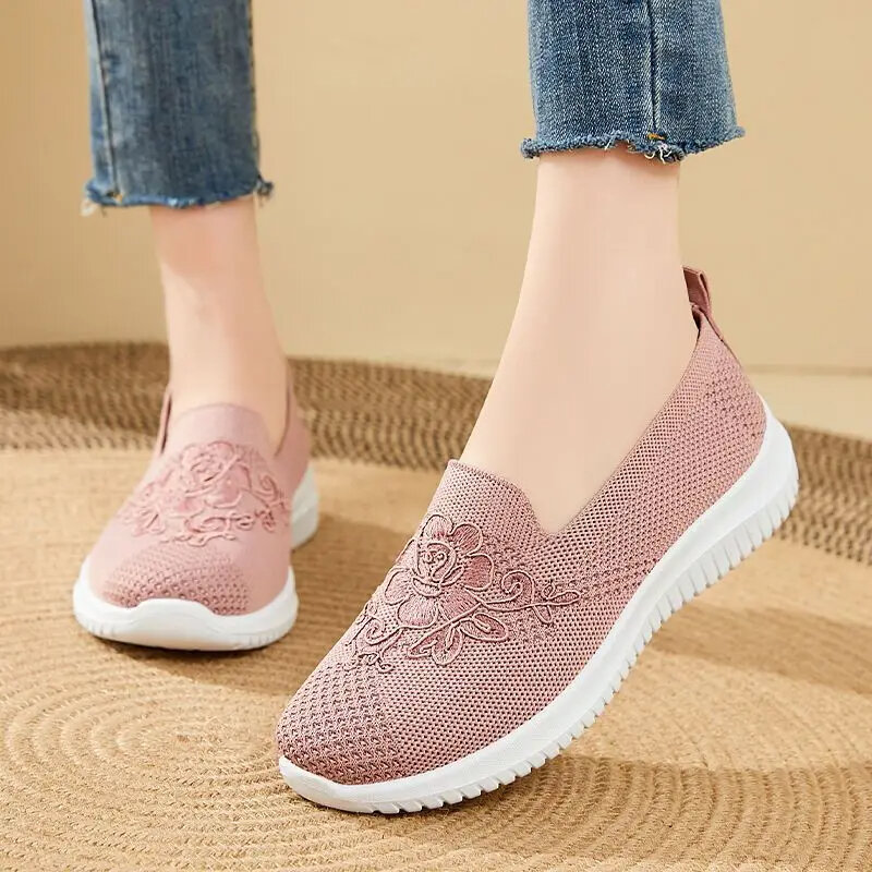 Summer Mesh Knitting Sneakers Women Breathable 2024 Shoes Non-slip Ladies Casual Nurse Office Shoes Ballet Flats