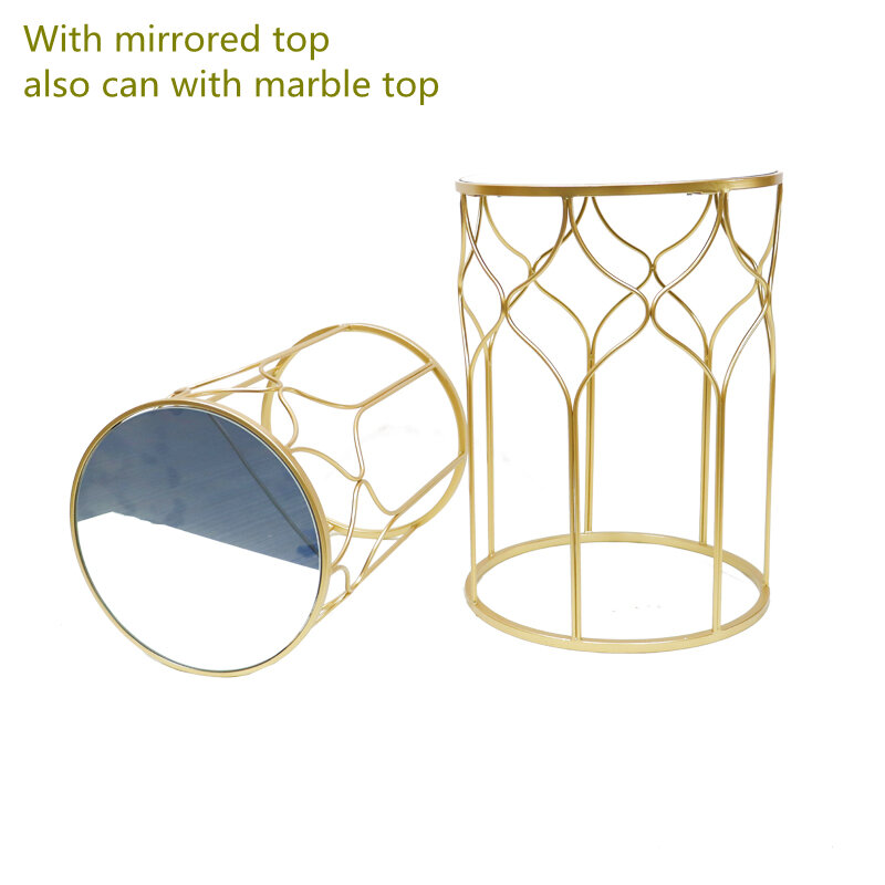 Moderno Set di 2 tavolini in Rattan in metallo dorato con tavolino rotondo in marmo consolle a specchio decorativo di lusso per giardino all'aperto