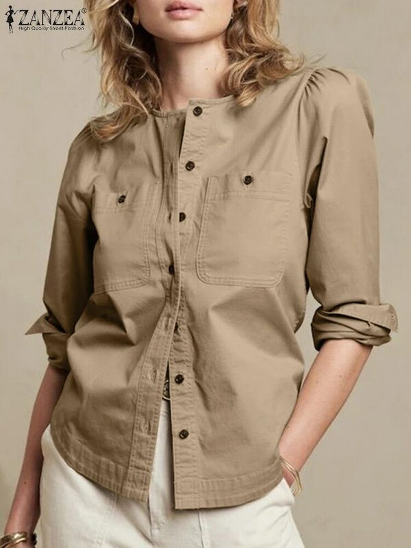 Модная офисная блузка сезона весна 2024 года, женская рубашка с круглым вырезом и длинным рукавом, повседневные праздничные топы ZANZEA, женские блузки на пуговицах, туника