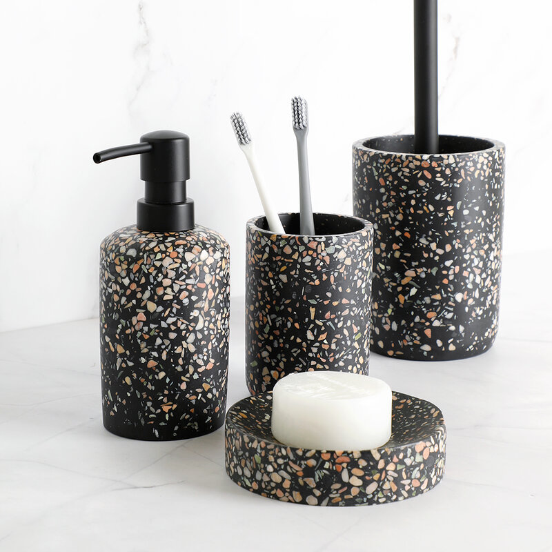 Dispenser di sapone accessori per il bagno portaspazzolino pompa Dispenser per bottiglie portasapone resina Terrazzo nera
