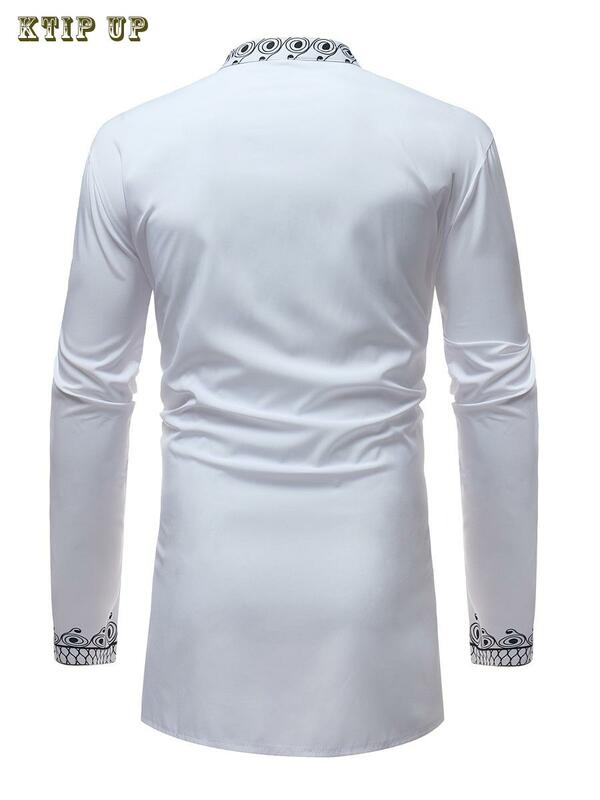 Luxury Casual Islamic Arabic Abaya Robe Fashion Ethnic Print Stand Collar Youth Mid-length Shirt Coat Muslim Men Clothing Kurta
