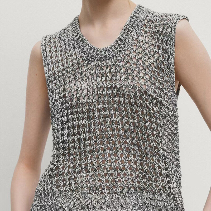 Top lavorati a maglia da donna Crochet Hollow Simple All-Match 2024 New Ladies Casual o-collo Pullover senza maniche
