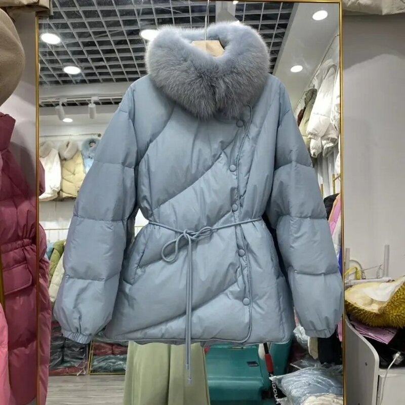 من المألوف أسفل معطف مع الثعلب الفراء طوق للنساء ، منتصف طول معطف ، الخصر التعادل حتى ، منتصف طول ، تصميم الشتاء ، 2023