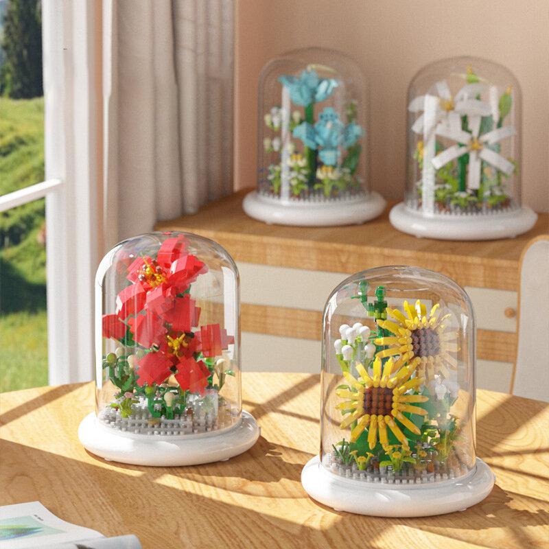 Buket mainan perakitan puzzle anak, rangkaian bunga abadi bunga Blok Dekorasi desktop