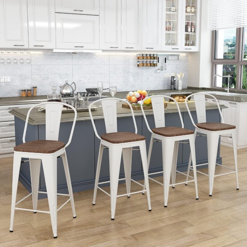 Bar Stools Set of 4 Farmhouse Counter Height Chairs High Back Kitchen Bar Chairs 24" Cream White Metal Barstools