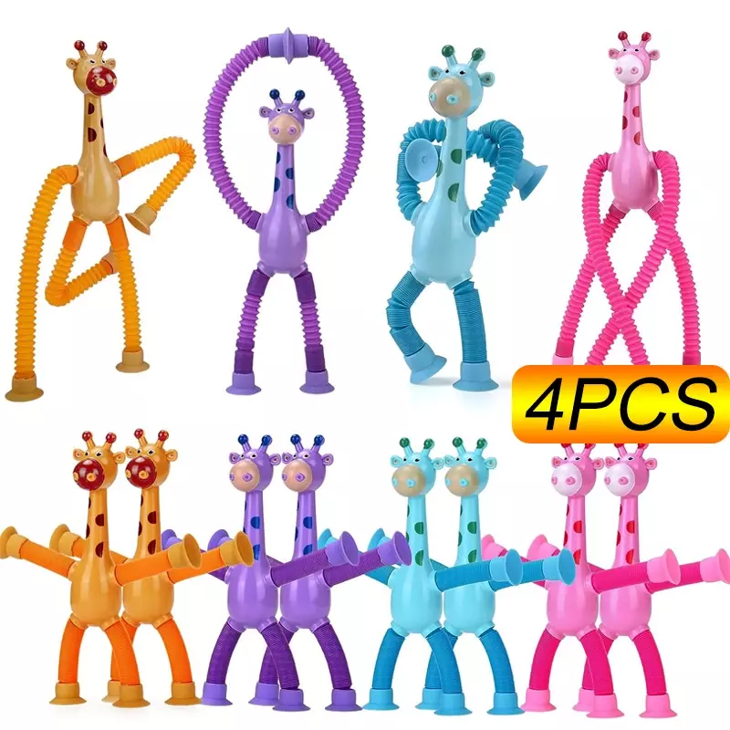 1-4pcs Telescopic Pop Tube Giraffe Sensory Toys Kids Stress Relief Games Early Education Suction Cup Giraffe Playing Gifts