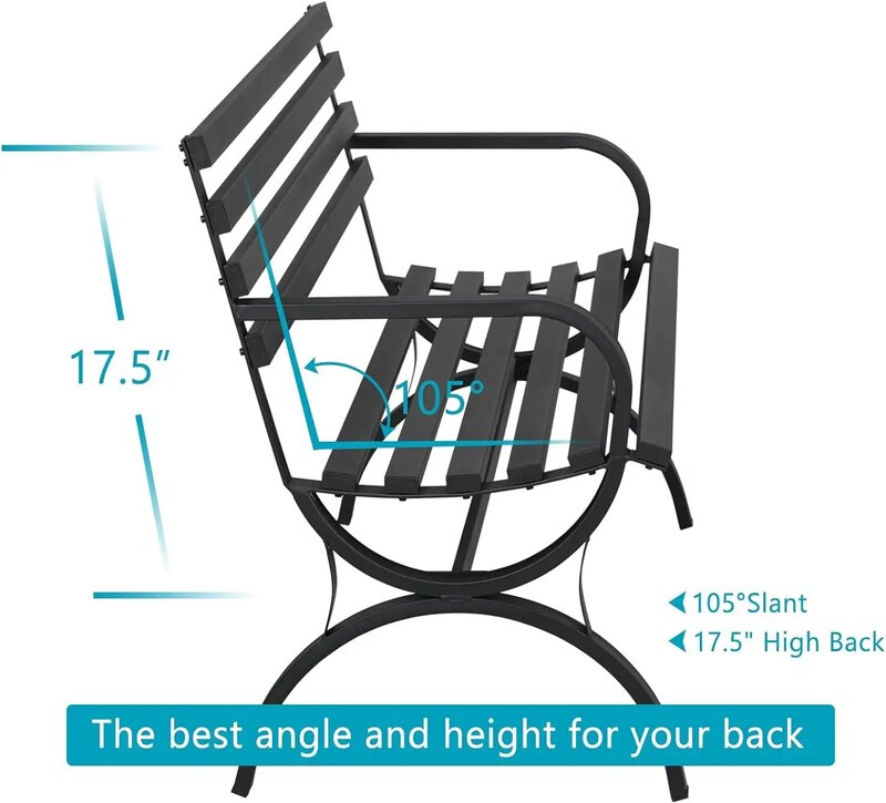 Outdoor Garden Patio Bench, Iron Metal Steel Frame Park Bench with Backrest and Armrest for Lawn,Porch,Backyard, Balcony