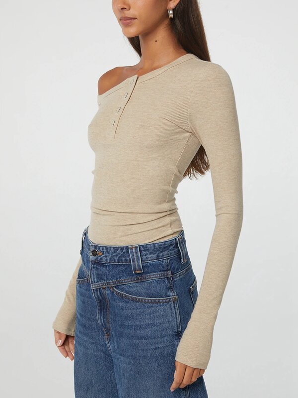 Camicie Henley da donna una spalla manica lunga tinta unita Button Down Crop top t-shirt Slim Fit