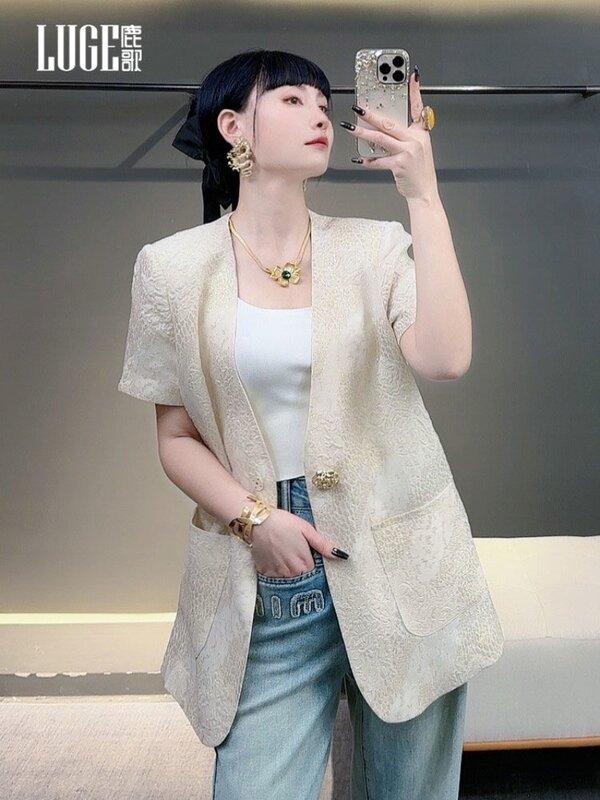 Casaco jacquard chinês feminino, imitação de seda, terno de manga curta, vestuário feminino, novo aperfeiçoamento, moda verão