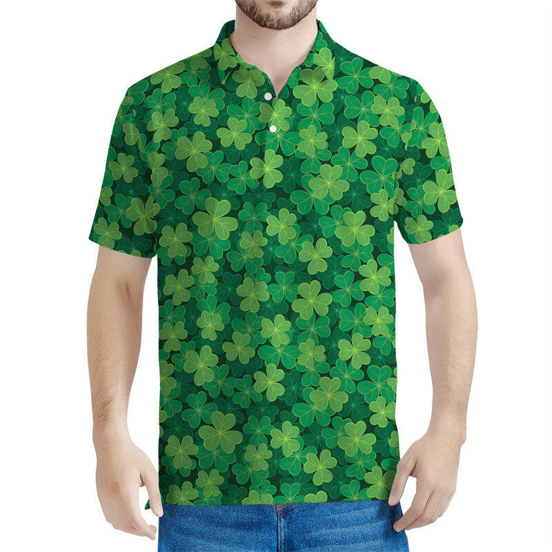 Camiseta polo masculina para o dia de São Patrício, camiseta trevo estampada em 3D, camiseta extragrande, tops casuais com lapela, mangas curtas, verão