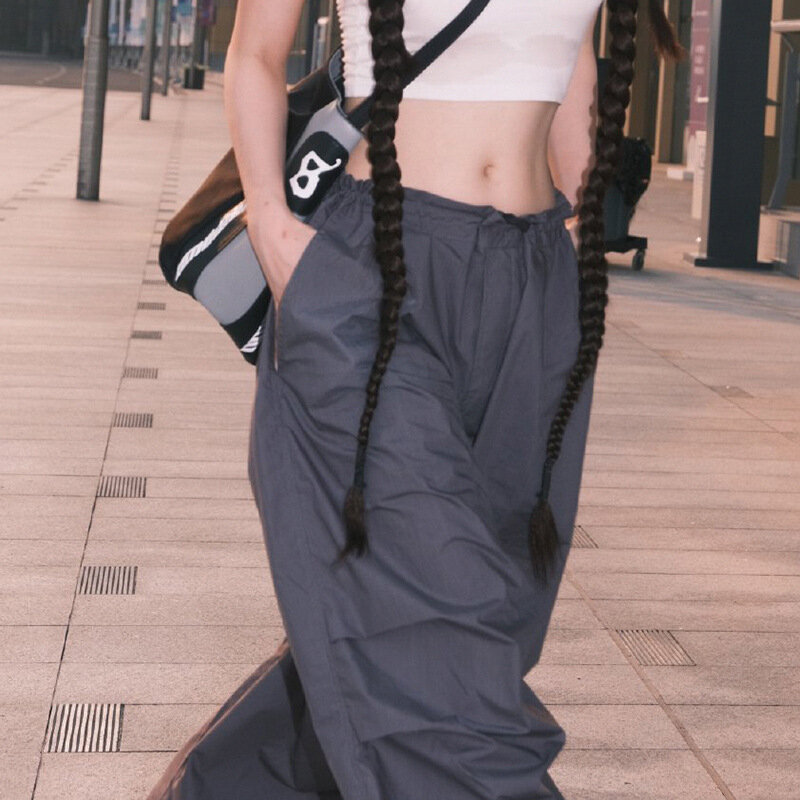 QWEEK-cinza feminino calças largas, cintura alta, calças de paraquedas vintage Hip Hop, streetwear Harajuku, moletom largo extragrande, Y2K