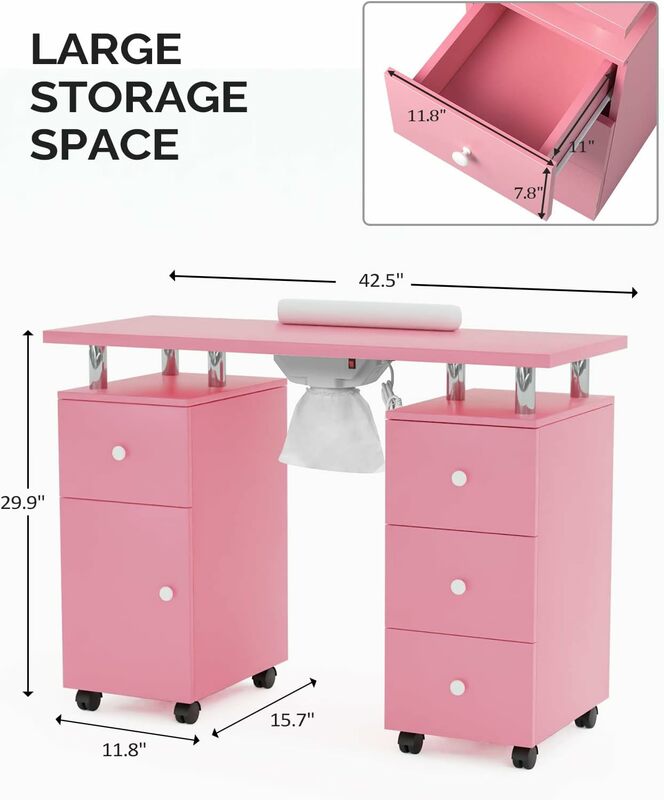 Nail Desk for Nail Tech, Nail Table Station w/Electric Dust Collector, Acetone Resistant w/Lockable Wheels,4 Drawers&Cabinet