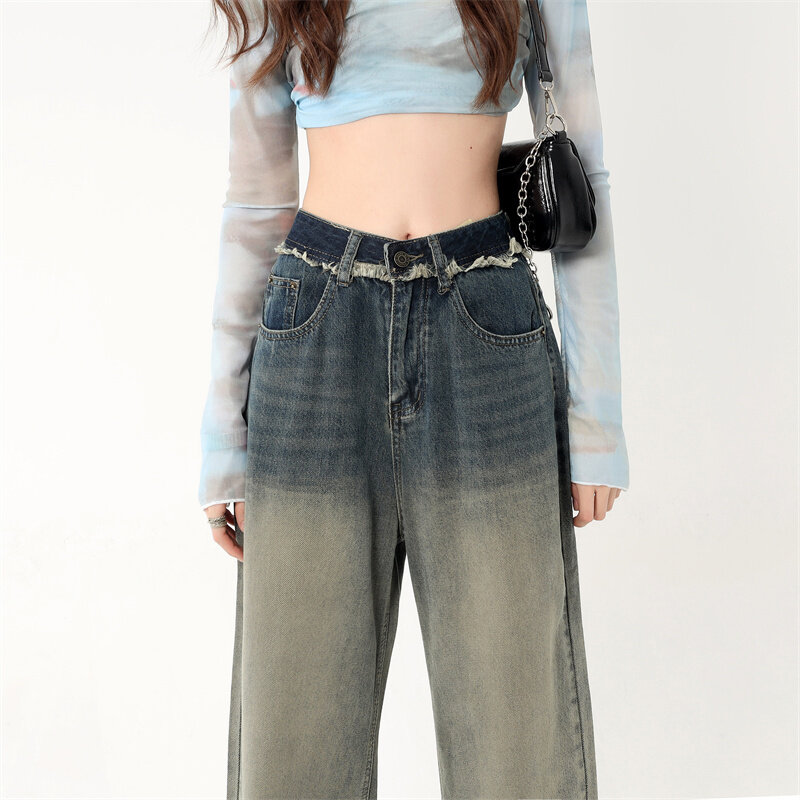 Jeansy damskie w stylu Vintage Cargo jeansowe spodnie z wysokim stanem luźna, workowata kieszenie proste estetyczne spodnie Harajuku