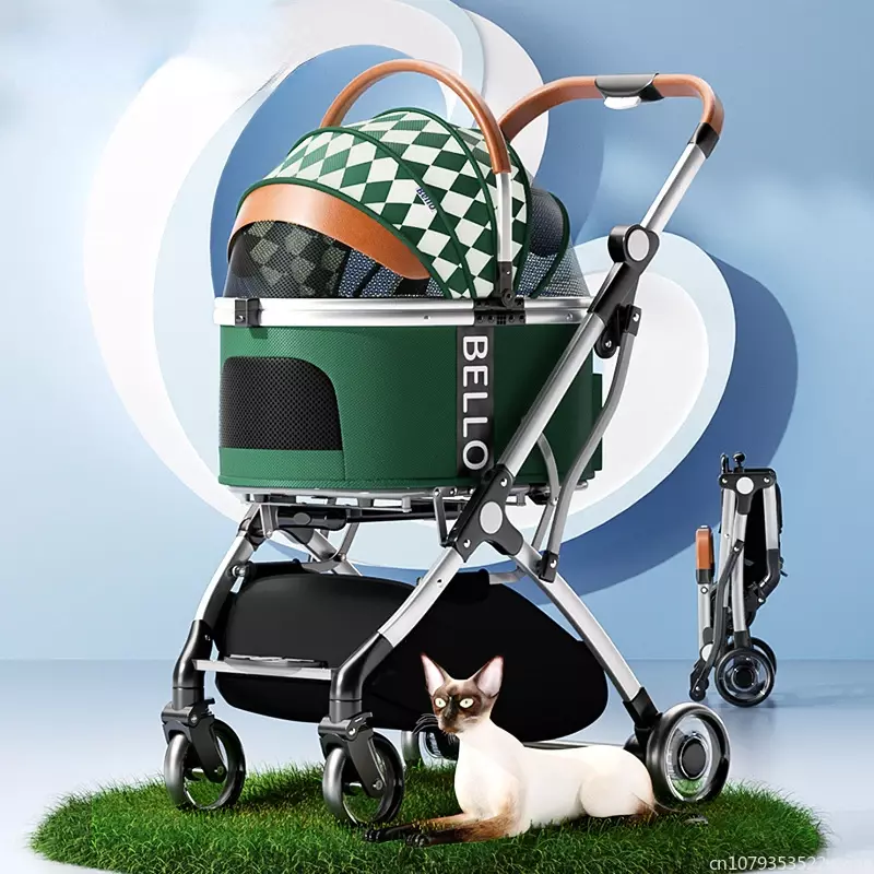 Kereta anak anjing dapat dilipat 4 roda, kereta dorong hewan peliharaan Aluminium Aloi untuk Corgi Teddy anjing dan kucing Teddy