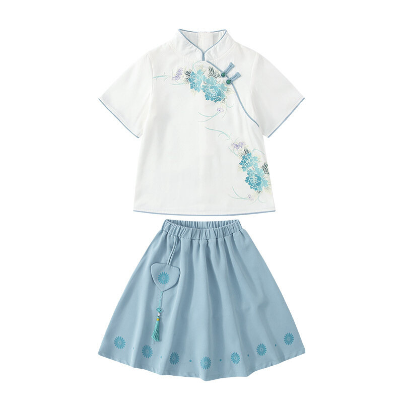 Robe Qipao d'été pour filles et garçons, jupe Vintage à boutons, Style chinois, imprimé de fleurs, pour enfants, tenue de jeu de rôle