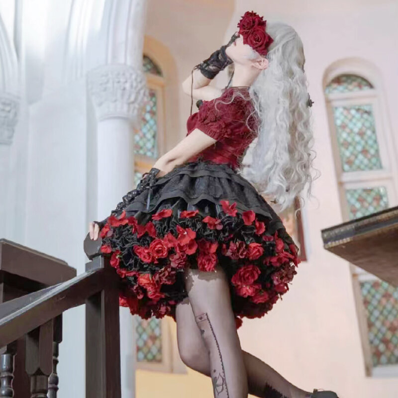 Enagua de flores de colores hecha a mano, falda Lolita, soporte de cosecha, Vestido corto Kawaii, accesorios de Halloween, chica linda, Corea, Japón